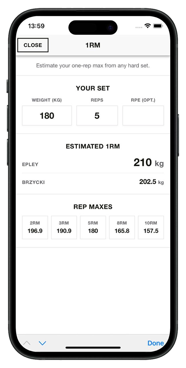 Iron Raven 1RM calculator estimating a one-rep max from a hard set