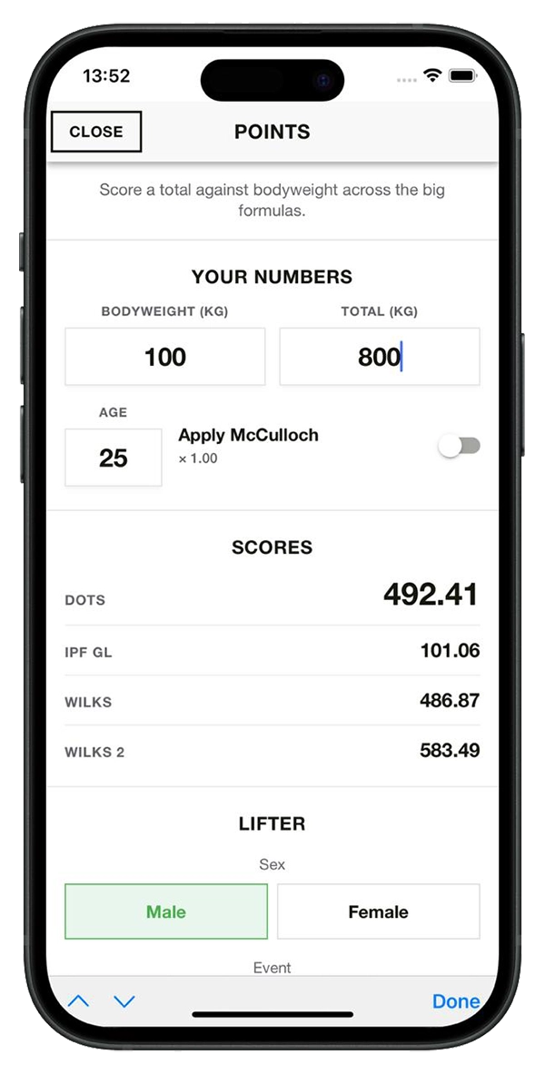 Iron Raven points calculator showing DOTS, IPF GL, and Wilks scores