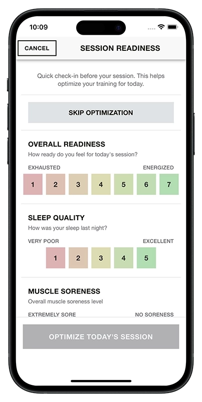 Session readiness check-in rating overall readiness, sleep, and soreness